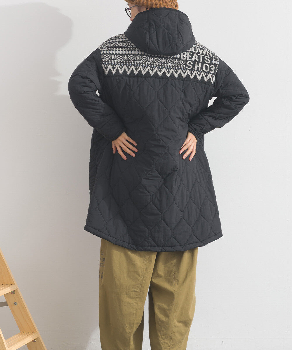 【iriey】菱格鋪棉×提花針織 拉鍊長版連帽外套 Japan E-Shop