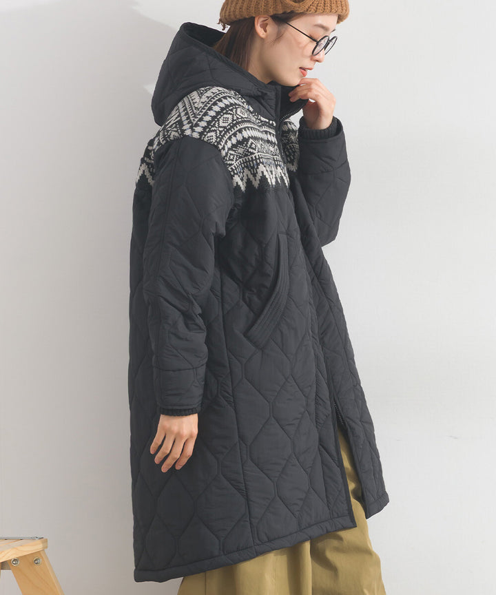 【iriey】菱格鋪棉×提花針織 拉鍊長版連帽外套 Japan E-Shop