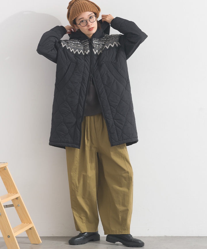 【iriey】菱格鋪棉×提花針織 拉鍊長版連帽外套 Japan E-Shop