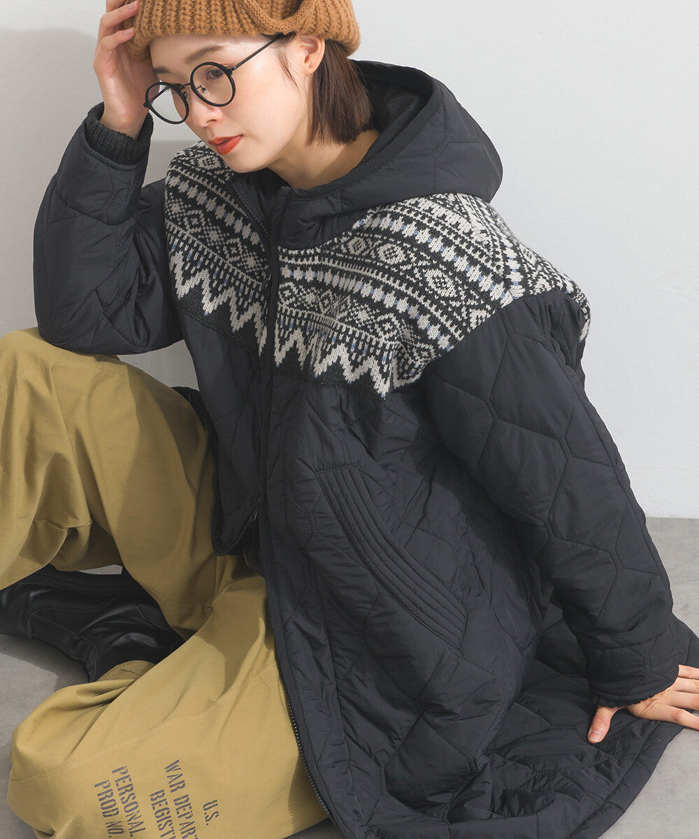 【iriey】菱格鋪棉×提花針織 拉鍊長版連帽外套 Japan E-Shop