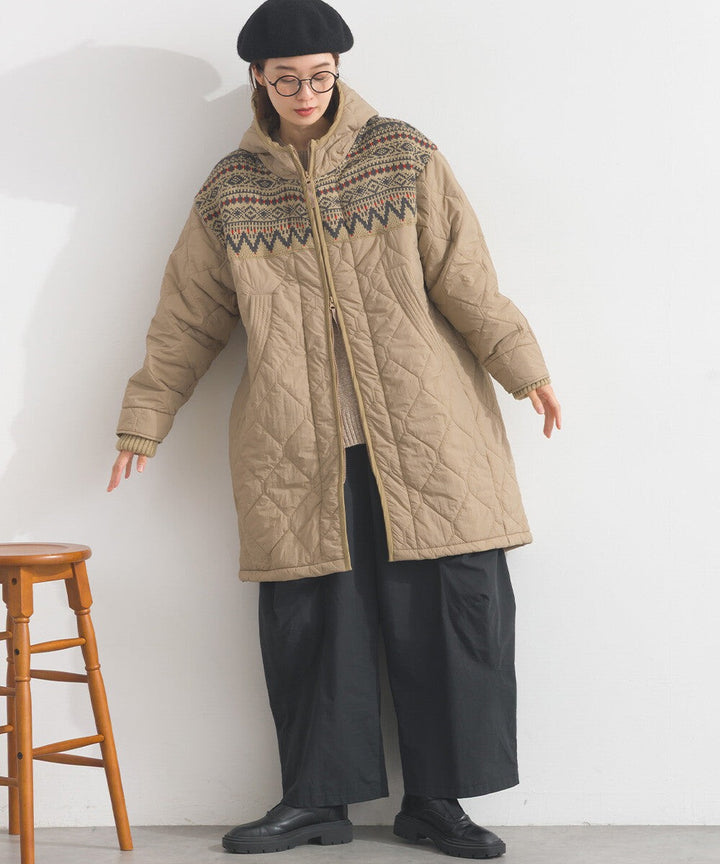 【iriey】菱格鋪棉×提花針織 拉鍊長版連帽外套 Japan E-Shop