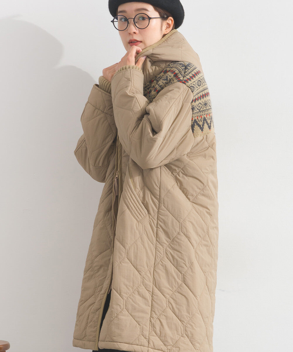 【iriey】菱格鋪棉×提花針織 拉鍊長版連帽外套 Japan E-Shop