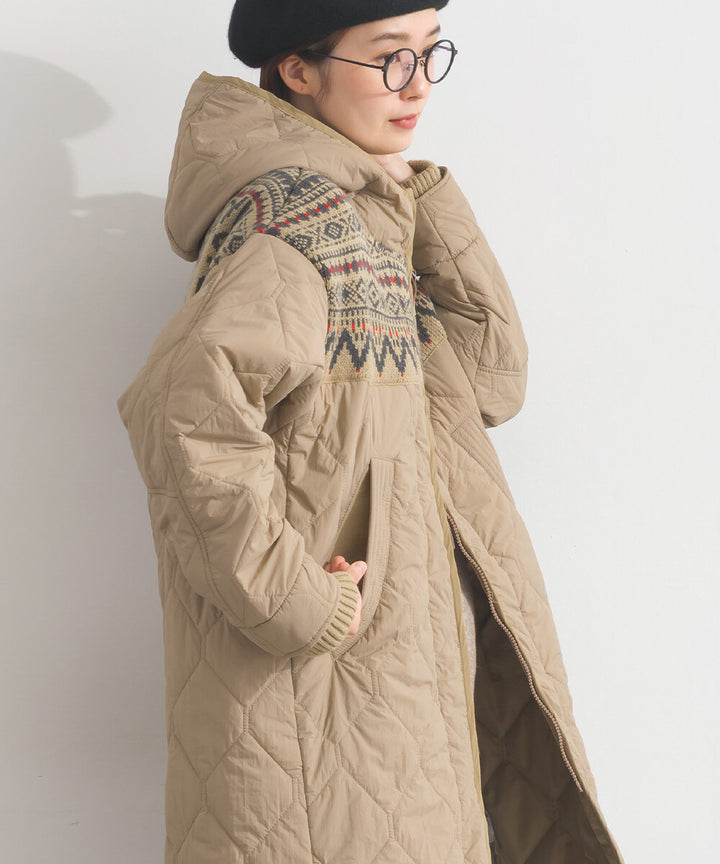 【iriey】菱格鋪棉×提花針織 拉鍊長版連帽外套 Japan E-Shop