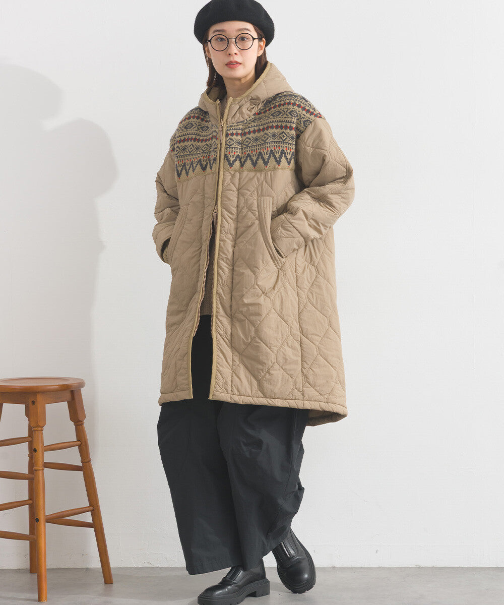 【iriey】菱格鋪棉×提花針織 拉鍊長版連帽外套 Japan E-Shop