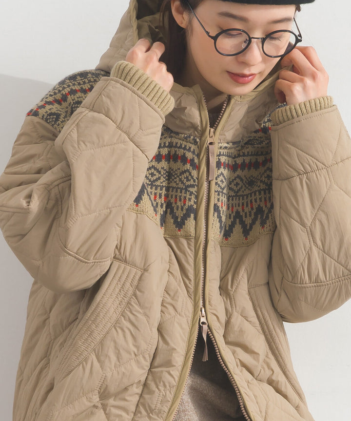 【iriey】菱格鋪棉×提花針織 拉鍊長版連帽外套 Japan E-Shop