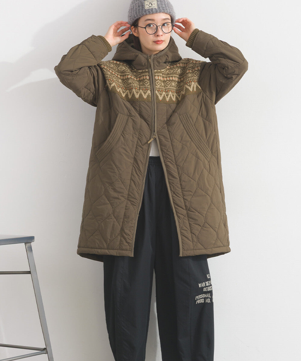 【iriey】菱格鋪棉×提花針織 拉鍊長版連帽外套 Japan E-Shop