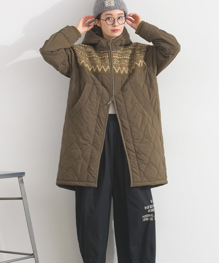 【iriey】菱格鋪棉×提花針織 拉鍊長版連帽外套 Japan E-Shop
