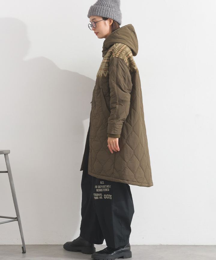 【iriey】菱格鋪棉×提花針織 拉鍊長版連帽外套 Japan E-Shop