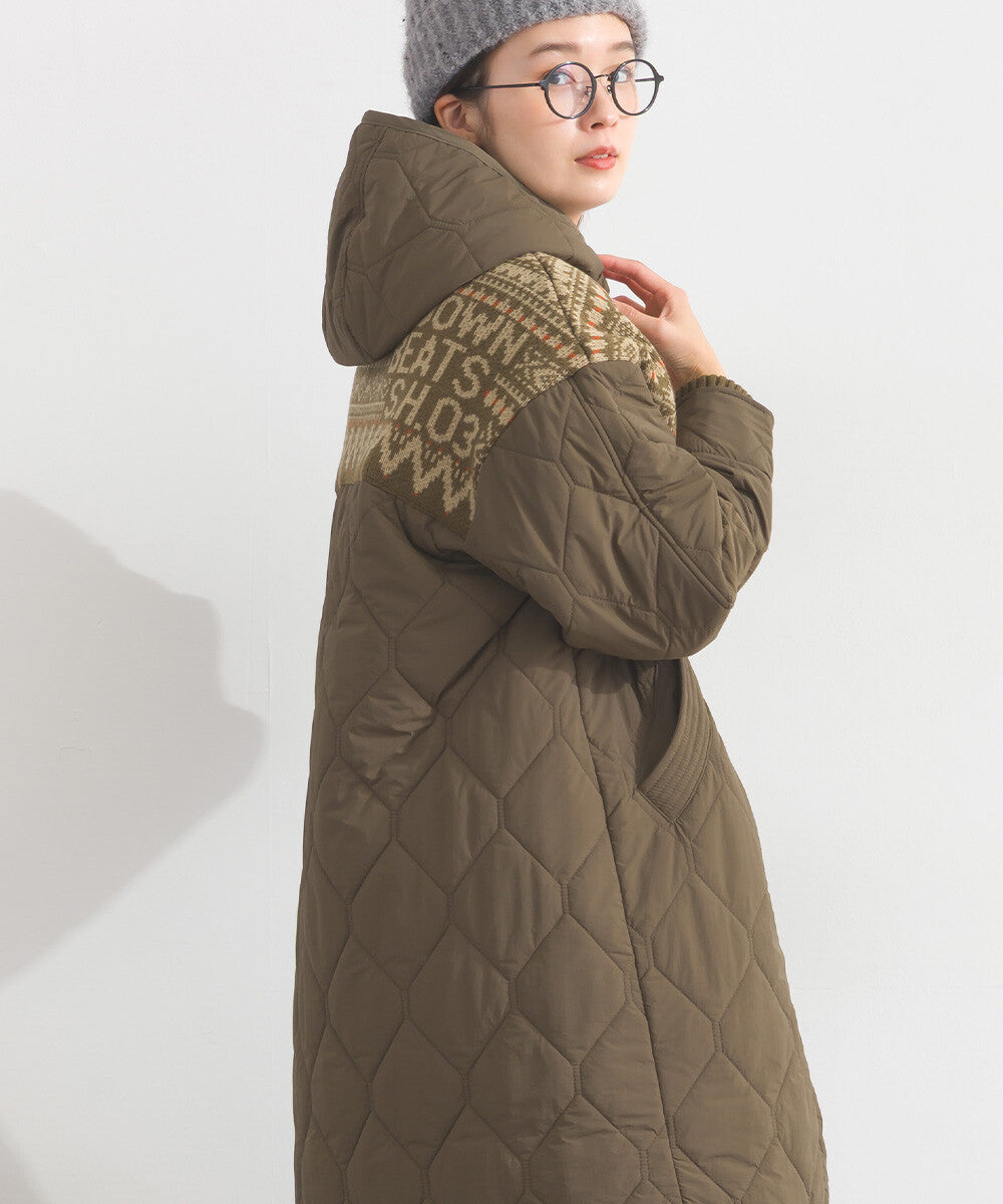 【iriey】菱格鋪棉×提花針織 拉鍊長版連帽外套 Japan E-Shop