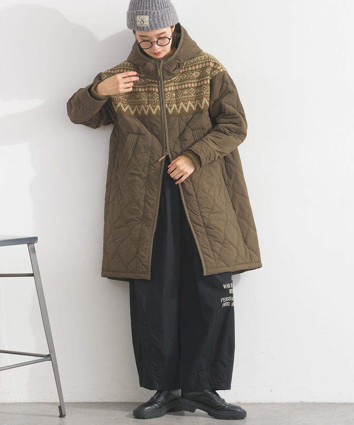 【iriey】菱格鋪棉×提花針織 拉鍊長版連帽外套 Japan E-Shop