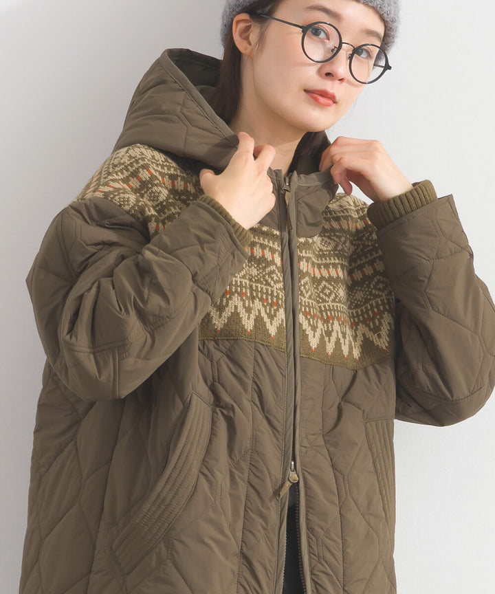 【iriey】菱格鋪棉×提花針織 拉鍊長版連帽外套 Japan E-Shop
