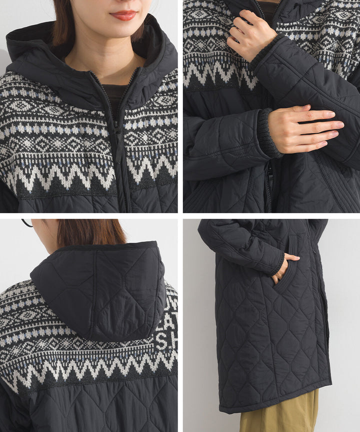 【iriey】菱格鋪棉×提花針織 拉鍊長版連帽外套 Japan E-Shop