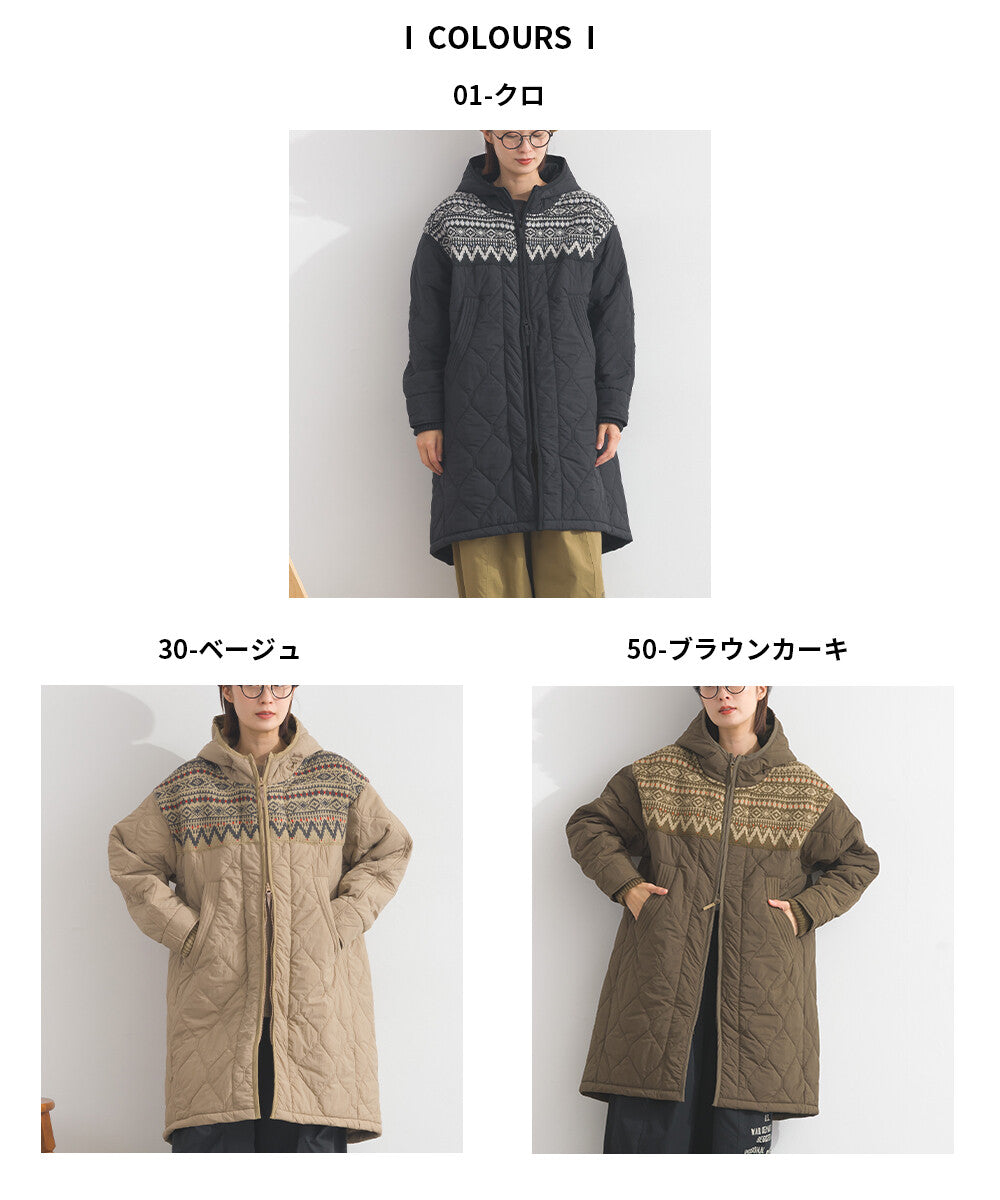 【iriey】菱格鋪棉×提花針織 拉鍊長版連帽外套 Japan E-Shop