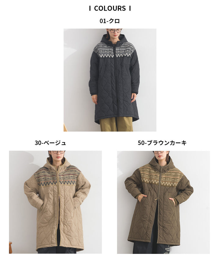 【iriey】菱格鋪棉×提花針織 拉鍊長版連帽外套 Japan E-Shop