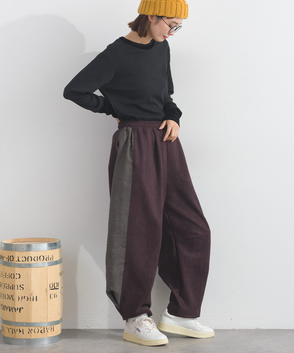 【iriey】假麂皮觸感 側褶繭形 鬆緊腰長褲 Japan E-Shop