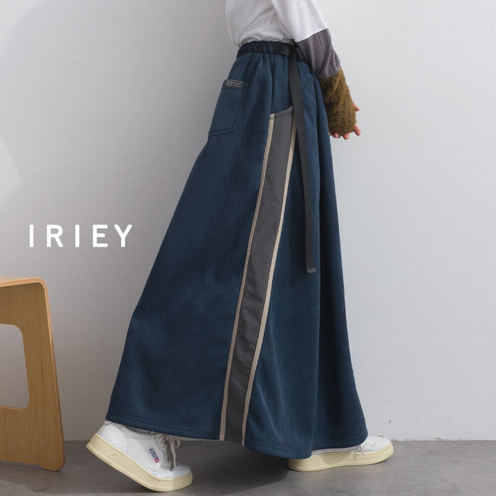 【iriey】假麂皮×尼龍拼接 撞色側線條 鬆緊腰長裙 Japan E-Shop