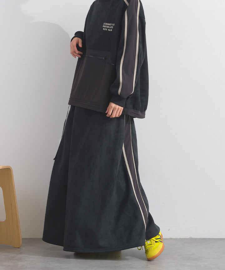 【iriey】假麂皮×尼龍拼接 撞色側線條 鬆緊腰長裙 Japan E-Shop
