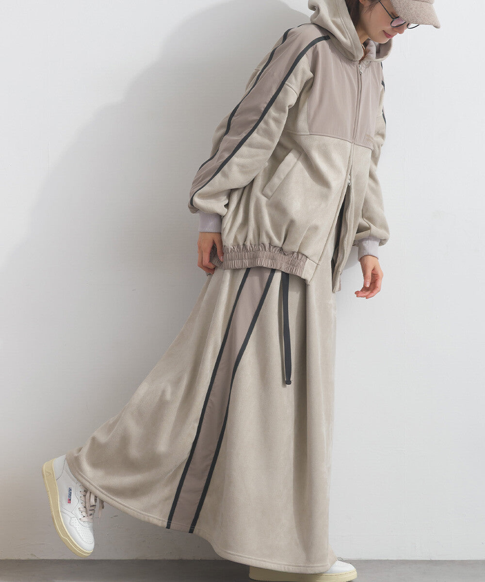 【iriey】假麂皮×尼龍拼接 撞色側線條 鬆緊腰長裙 Japan E-Shop