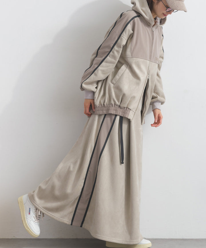 【iriey】假麂皮×尼龍拼接 撞色側線條 鬆緊腰長裙 Japan E-Shop