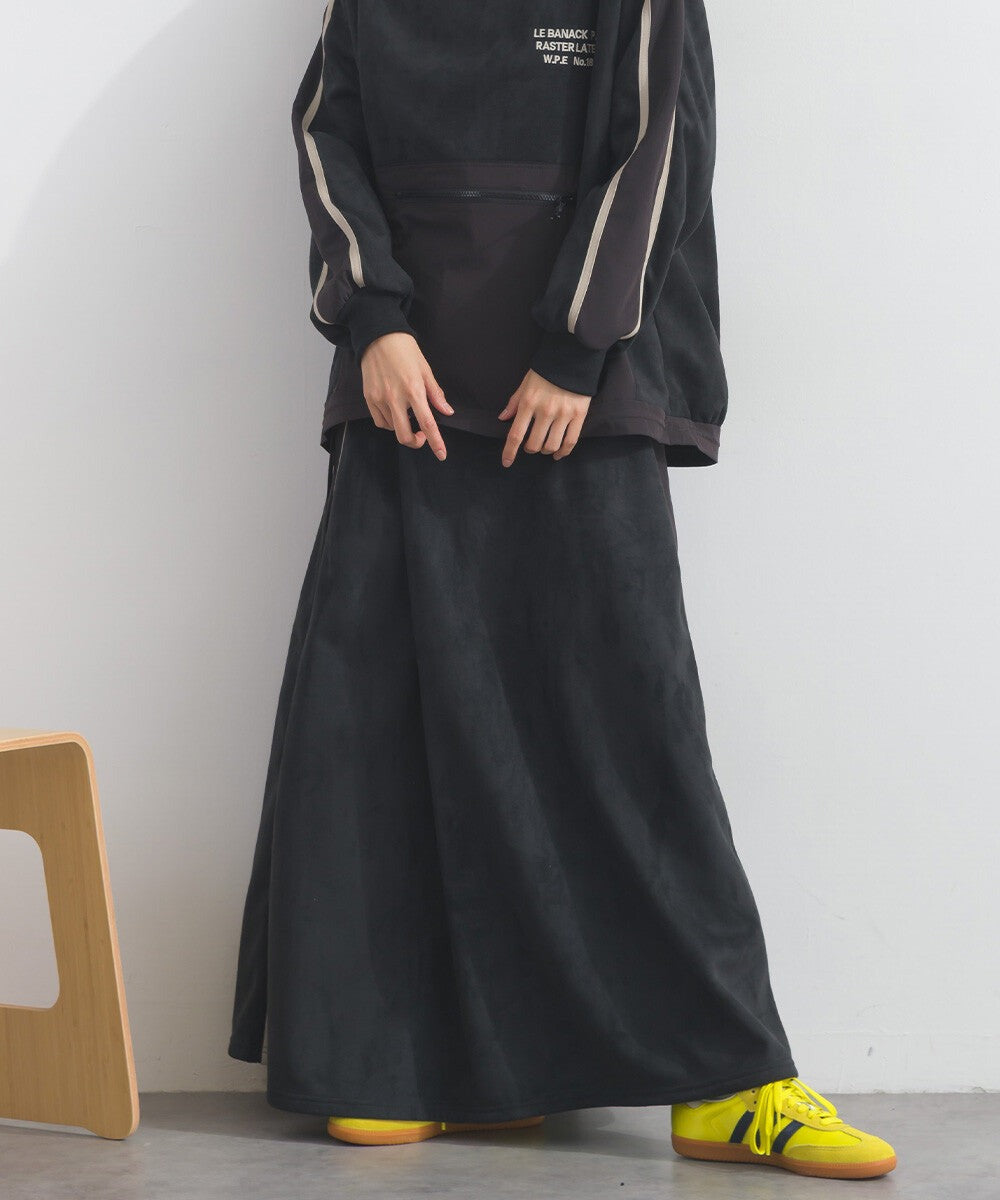 【iriey】假麂皮×尼龍拼接 撞色側線條 鬆緊腰長裙 Japan E-Shop