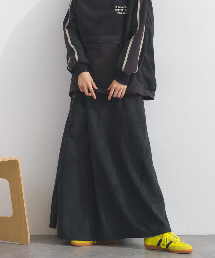 【iriey】假麂皮×尼龍拼接 撞色側線條 鬆緊腰長裙 Japan E-Shop
