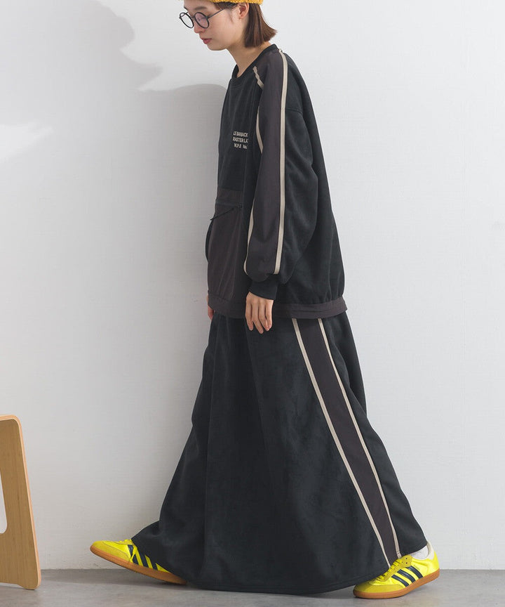 【iriey】假麂皮×尼龍拼接 撞色側線條 鬆緊腰長裙 Japan E-Shop