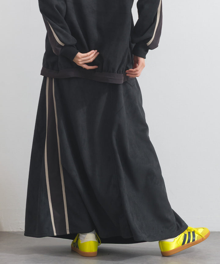 【iriey】假麂皮×尼龍拼接 撞色側線條 鬆緊腰長裙 Japan E-Shop