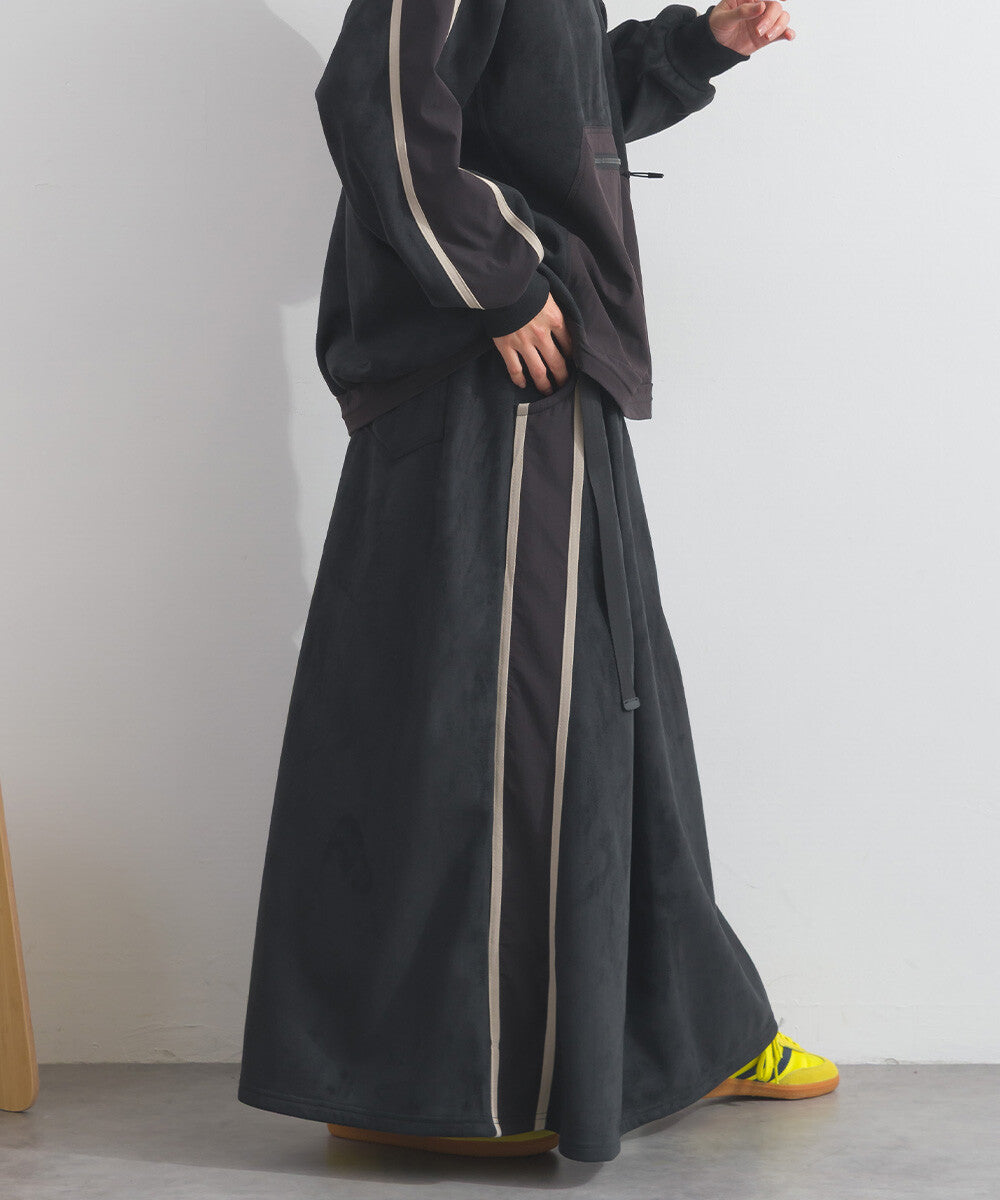 【iriey】假麂皮×尼龍拼接 撞色側線條 鬆緊腰長裙 Japan E-Shop
