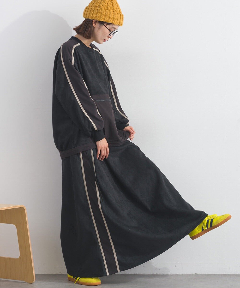 【iriey】假麂皮×尼龍拼接 撞色側線條 鬆緊腰長裙 Japan E-Shop