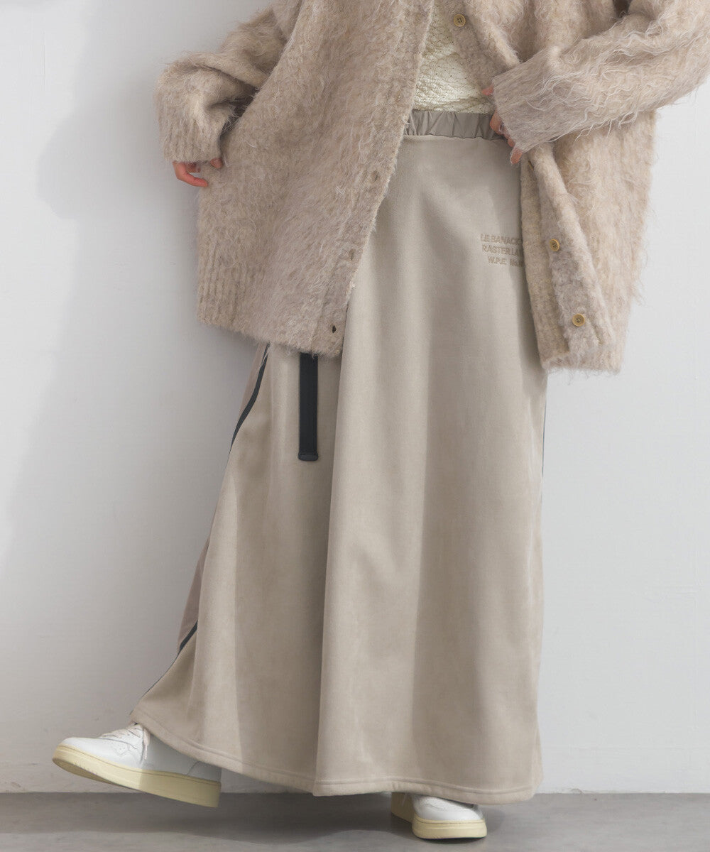 【iriey】假麂皮×尼龍拼接 撞色側線條 鬆緊腰長裙 Japan E-Shop