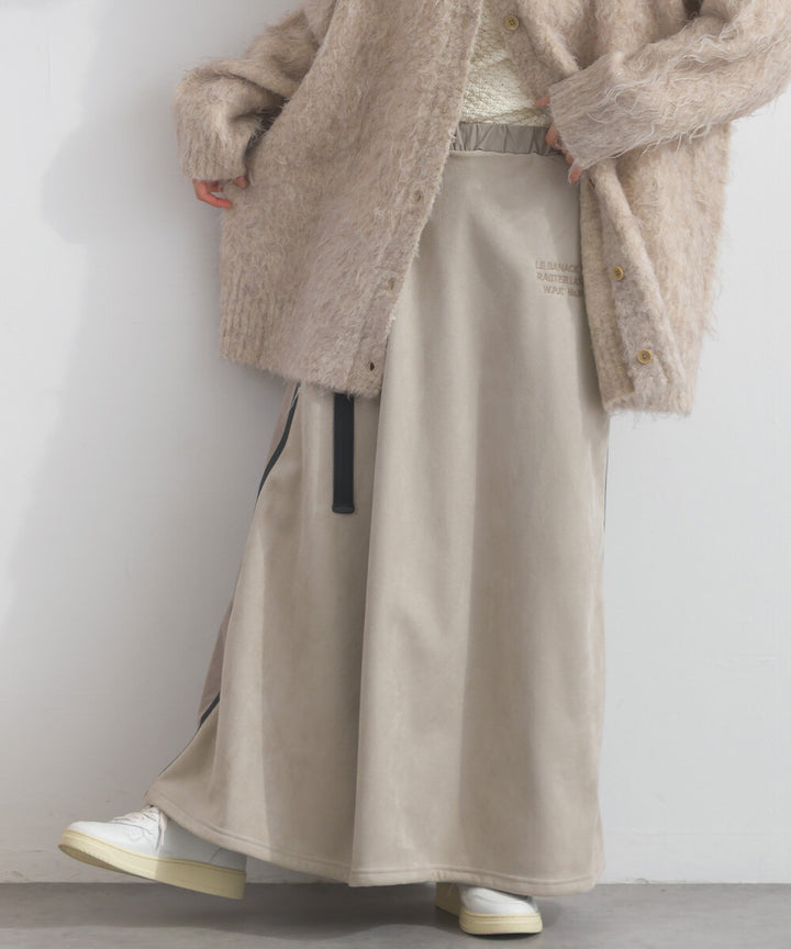 【iriey】假麂皮×尼龍拼接 撞色側線條 鬆緊腰長裙 Japan E-Shop