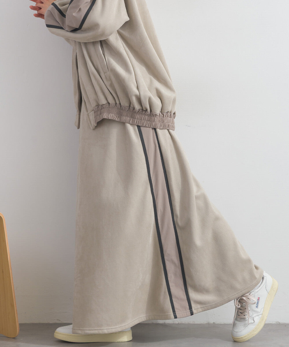 【iriey】假麂皮×尼龍拼接 撞色側線條 鬆緊腰長裙 Japan E-Shop