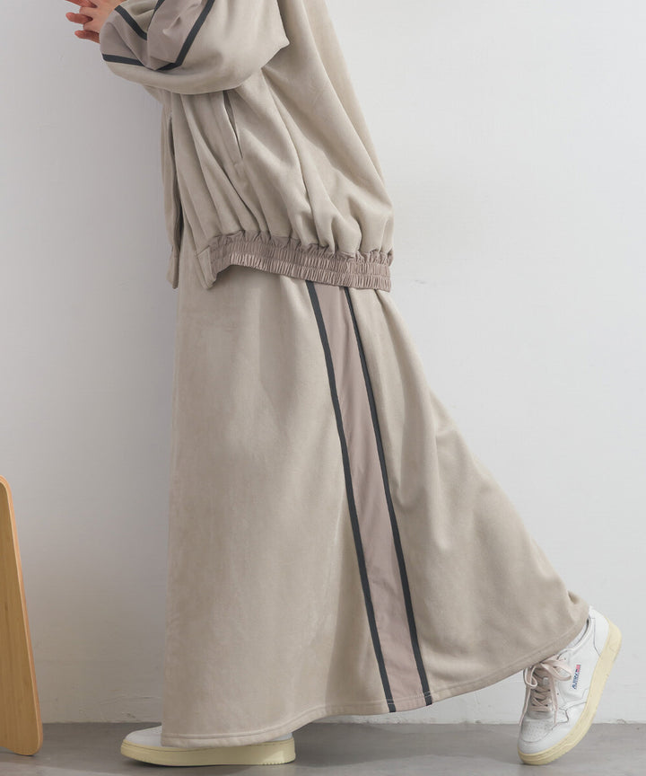 【iriey】假麂皮×尼龍拼接 撞色側線條 鬆緊腰長裙 Japan E-Shop