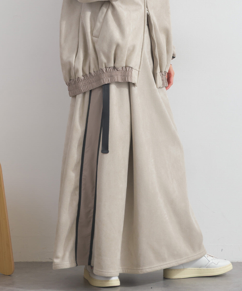 【iriey】假麂皮×尼龍拼接 撞色側線條 鬆緊腰長裙 Japan E-Shop