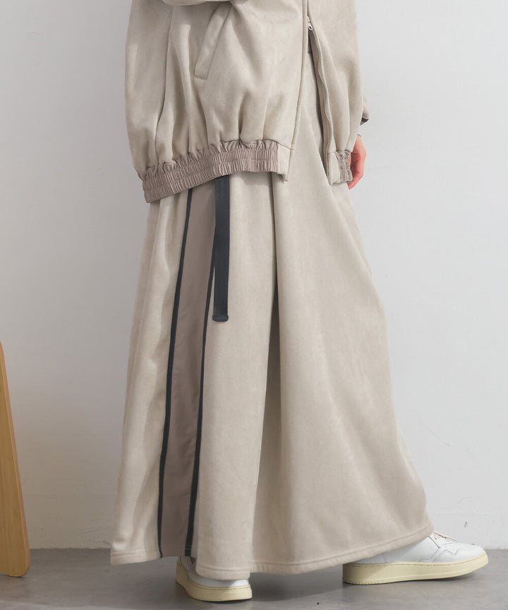 【iriey】假麂皮×尼龍拼接 撞色側線條 鬆緊腰長裙 Japan E-Shop