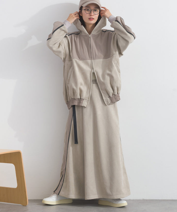 【iriey】假麂皮×尼龍拼接 撞色側線條 鬆緊腰長裙 Japan E-Shop