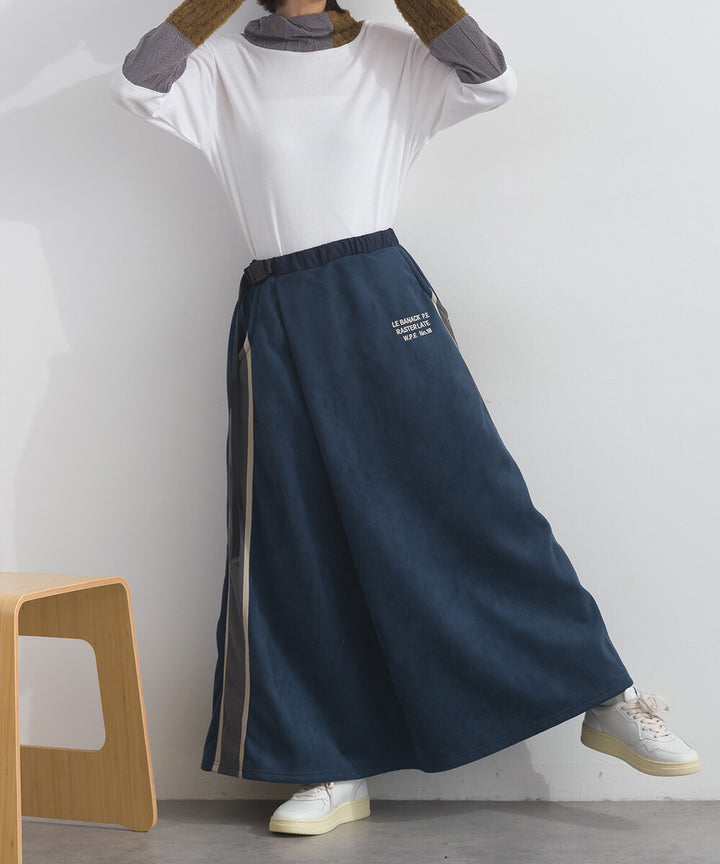 【iriey】假麂皮×尼龍拼接 撞色側線條 鬆緊腰長裙 Japan E-Shop