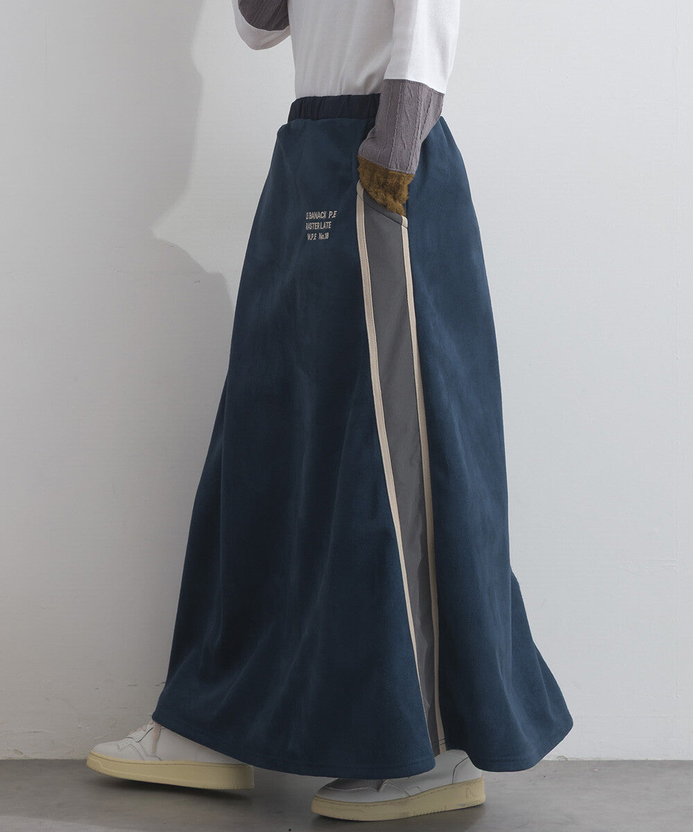 【iriey】假麂皮×尼龍拼接 撞色側線條 鬆緊腰長裙 Japan E-Shop