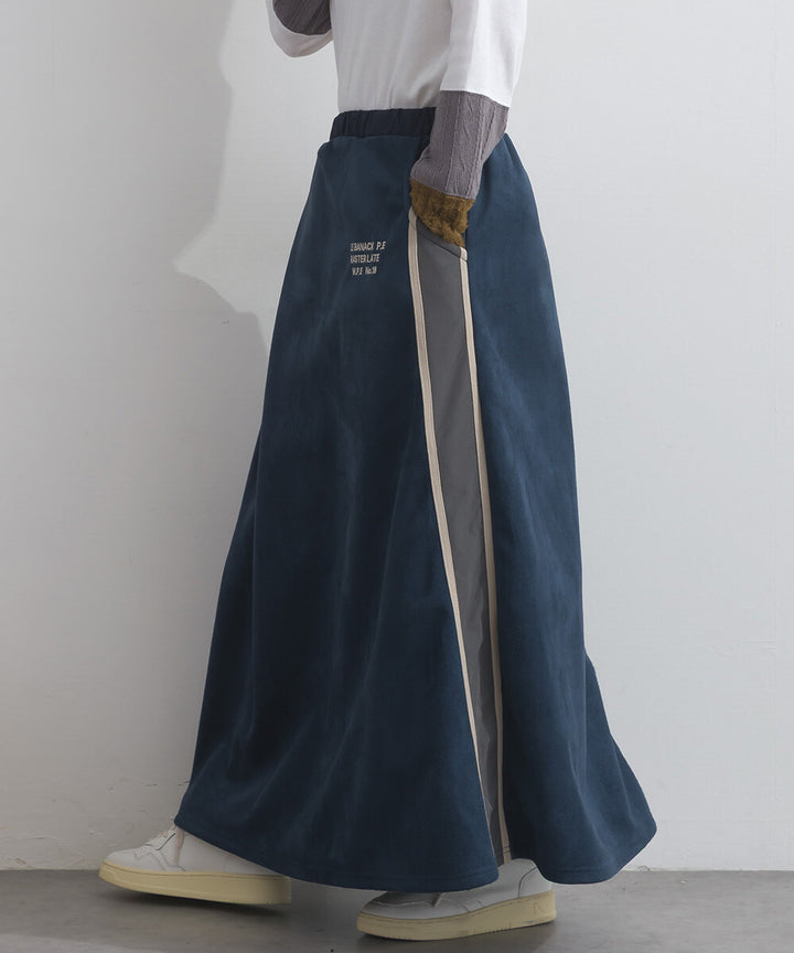 【iriey】假麂皮×尼龍拼接 撞色側線條 鬆緊腰長裙 Japan E-Shop
