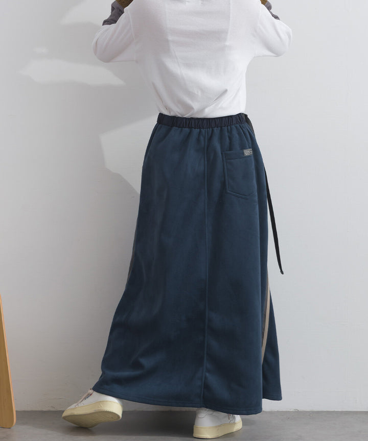 【iriey】假麂皮×尼龍拼接 撞色側線條 鬆緊腰長裙 Japan E-Shop