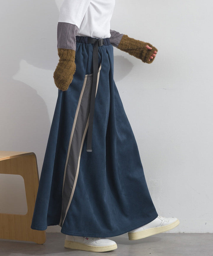 【iriey】假麂皮×尼龍拼接 撞色側線條 鬆緊腰長裙 Japan E-Shop