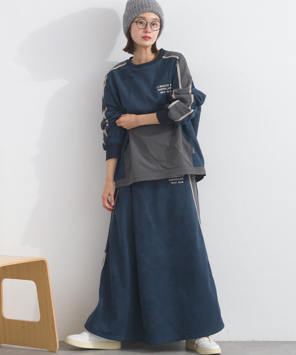 【iriey】假麂皮×尼龍拼接 撞色側線條 鬆緊腰長裙 Japan E-Shop