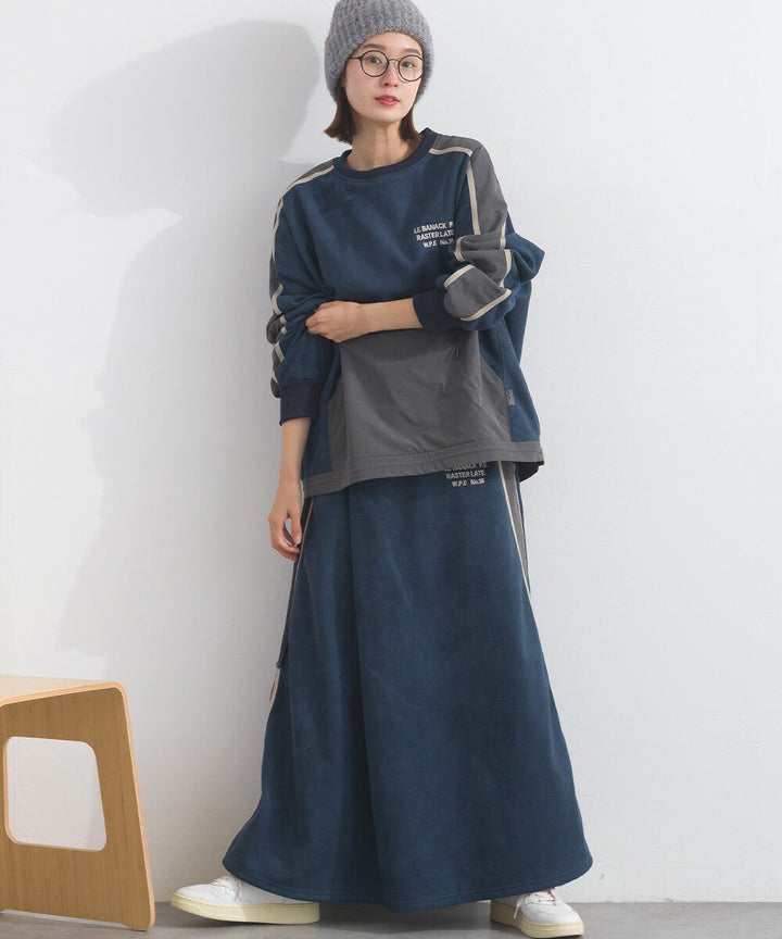 【iriey】假麂皮×尼龍拼接 撞色側線條 鬆緊腰長裙 Japan E-Shop