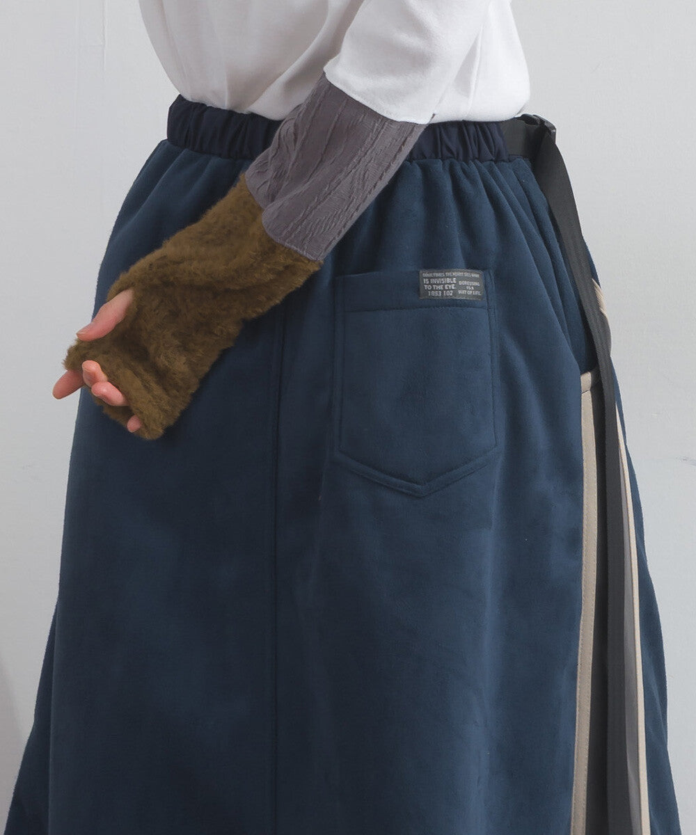 【iriey】假麂皮×尼龍拼接 撞色側線條 鬆緊腰長裙 Japan E-Shop