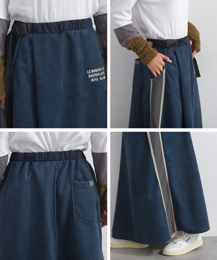 【iriey】假麂皮×尼龍拼接 撞色側線條 鬆緊腰長裙 Japan E-Shop
