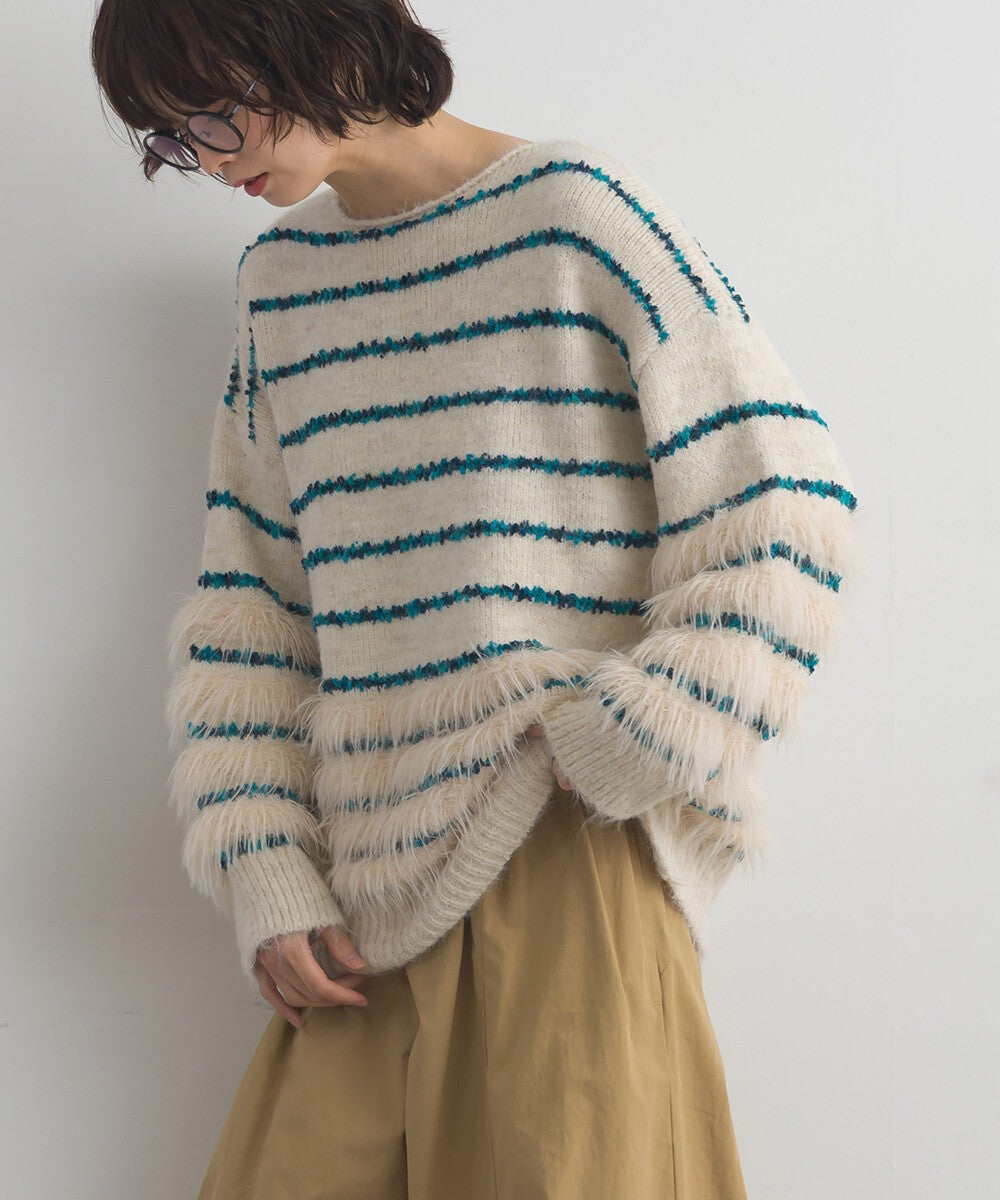【iriey】毛茸茸針織×膠帶橫條 拼接針織衫 Japan E-Shop