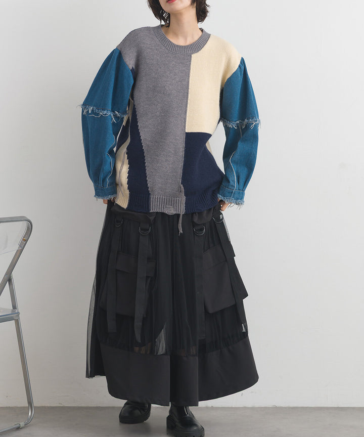 【iriey】撞色薄紗疊層 多口袋 工裝長裙 Japan E-Shop