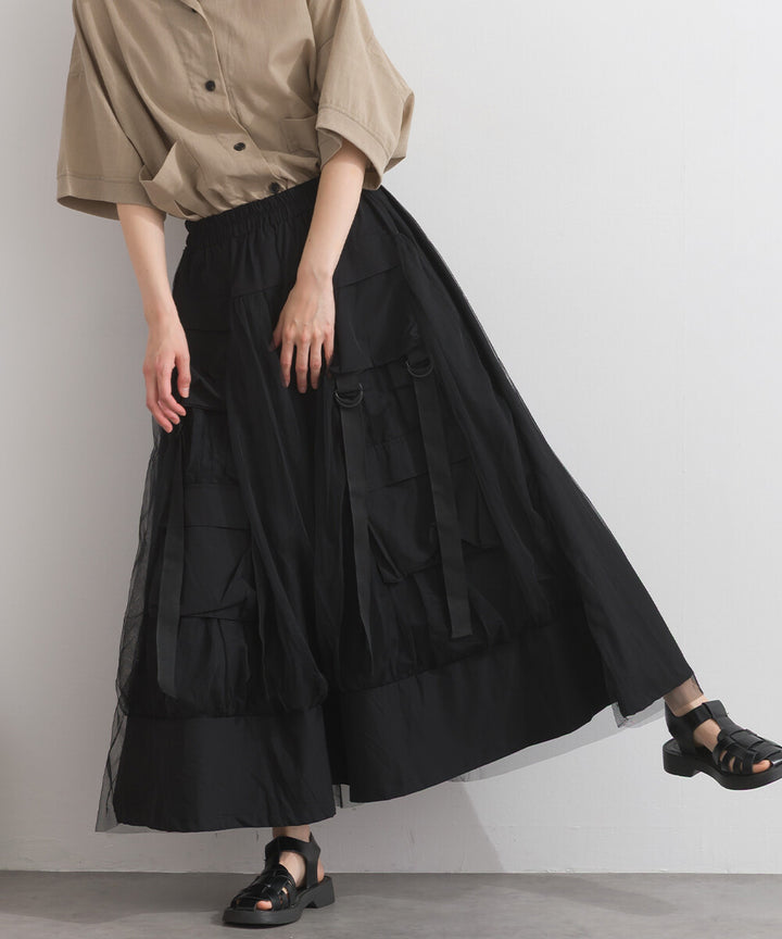 【iriey】工裝翻蓋口袋 薄紗疊搭 寬擺長裙 Japan E-Shop