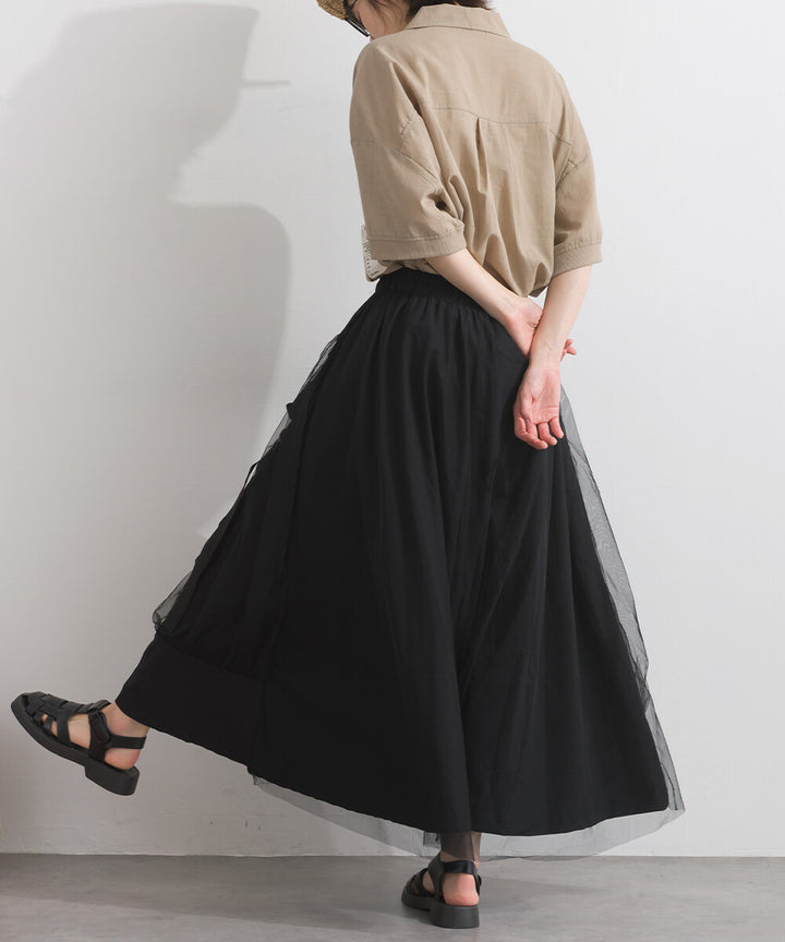 【iriey】工裝翻蓋口袋 薄紗疊搭 寬擺長裙 Japan E-Shop