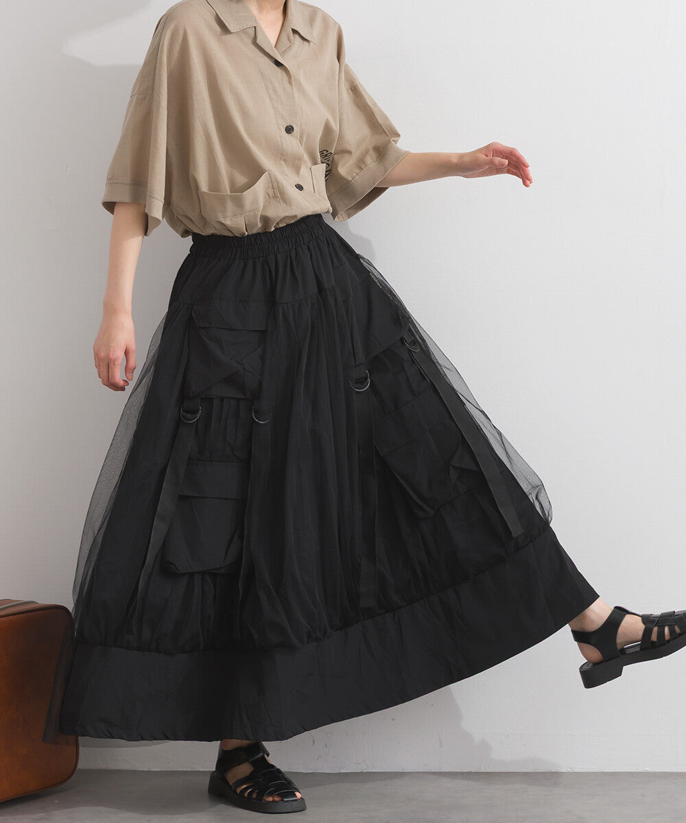 【iriey】工裝翻蓋口袋 薄紗疊搭 寬擺長裙 Japan E-Shop